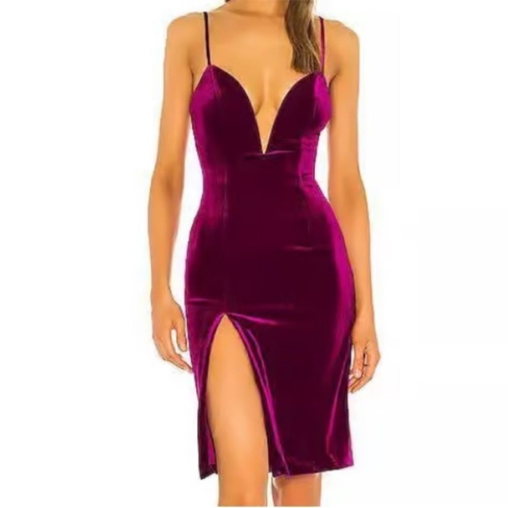 NBD Shana Dress Magenta Deep V Sleeveless Midi Bodycon Cocktail Dress High Slit